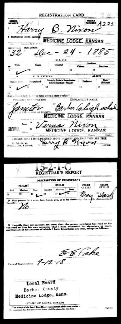 WWI Draft Registration card for Harry B. Nixon of Medicine Lodge, Barber County, Kansas.