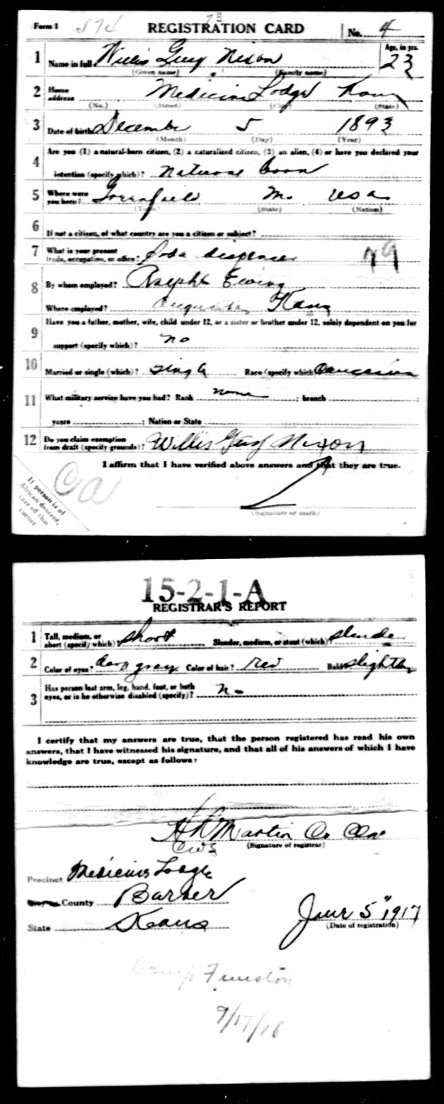 WWI Draft Registration card for Willis G. Nixon of Medicine Lodge, Barber County, Kansas.