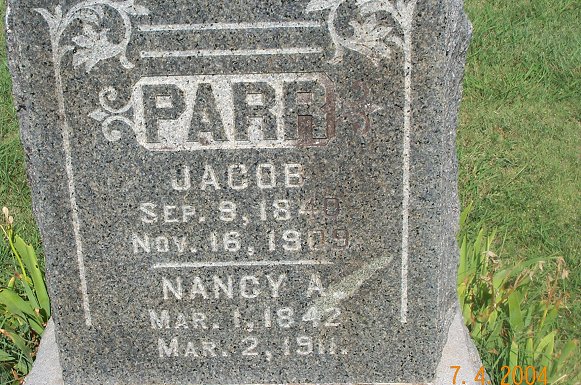 Gravestone for Jacob and Nancy Parr,

Lake City Cemetery, Lake City, Barber County, Kansas.

Photo by Kim Fowles.