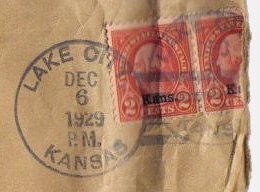 Lake City, Kansas, Post Office Postmark, DEC 6, 1929, from an envelope addressed to Frank Hoagland, Sun City, Kans.

Collection of Kimberly (Hoagland) Fowles.