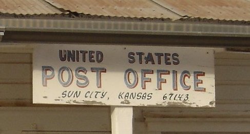 Sign at the Sun City Post Office, Sun City, Barber County, Kansas.

Photo by Nathan Lee.