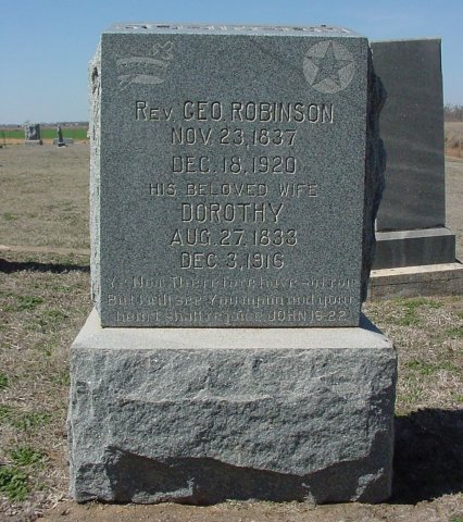 Gravestone for Reverend George Robinson and Dorothy (Green) Robinson, Sharon Cemetery, Sharon, Barber County, Kansas.

Photo by Ed Rucker, 17 March 2007.