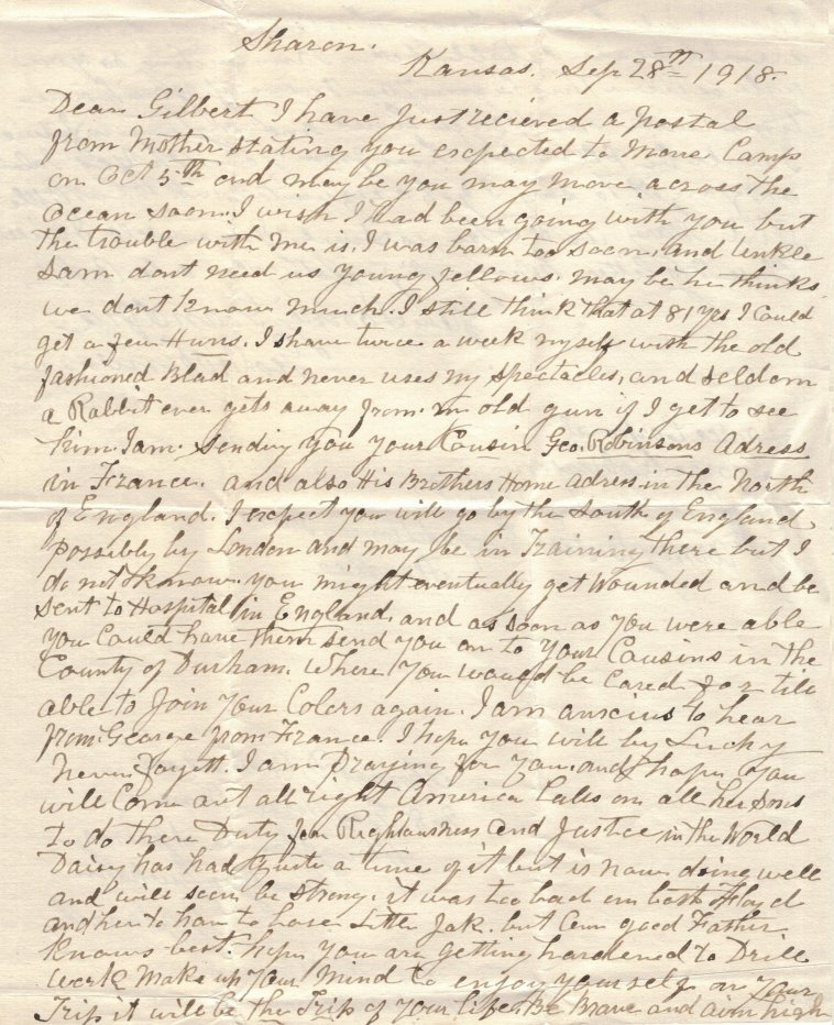 Letter from Rev. George Robinson in Sharon, Kansas, to his grandson, Gilbert Forney, serving in WWI,  dated 28 Sept 1918.

Letter courtesy of LeAnne (Forney) Brubaker.