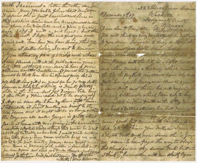 Letter from Rev. George Robinson in Wichita, Kansas, to his son and daughter-in-law, Mr & Mrs. James Douglas Robinson, in England, dated 2 December 1889, page 1 at right, page 4 at left.

Letter courtesy of Ernie Middleton. Transcription by Betty Hotchkiss.