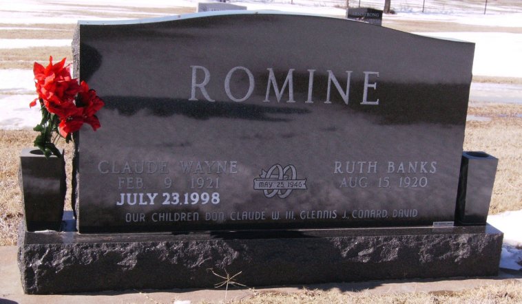 Gravestone for Claude Wayne Romine and Ruth Banks Romine

Isabel Cemetery, Barber County, Kansas.

Photo courtesy of Harold Vanderboegh.
