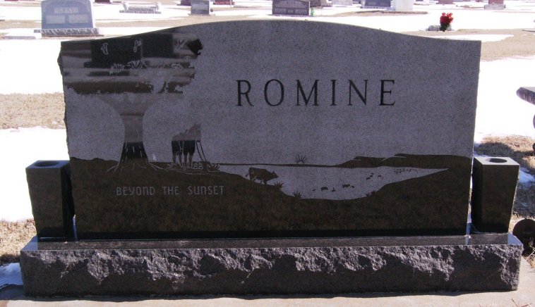 Gravestone for Claude Wayne Romine and Ruth Banks Romine (back side)

Isabel Cemetery, Barber County, Kansas.

Photo courtesy of Harold Vanderboegh.
