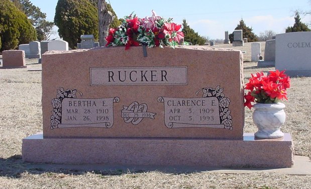 Gravestone for Clarence and Bertha Rucker, Sharon Cemetery, Sharon, Kansas.