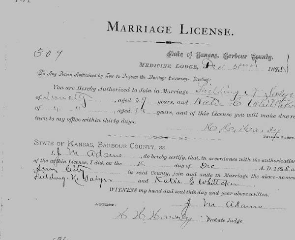 Wedding license: 

Fielding N. Salyer & Katherine Conley Whitaker.

Document courtesy of Cathie Schuck.