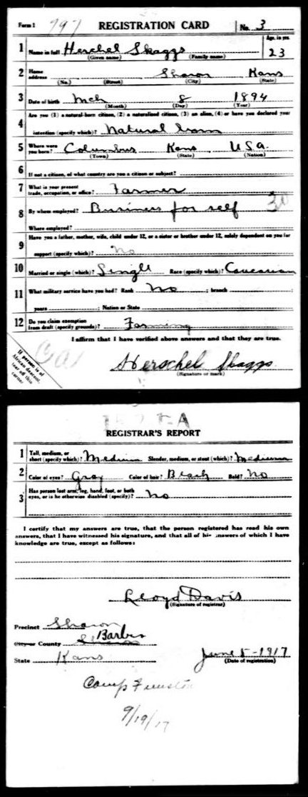 WWI Draft Registration card for Herschel Skaggs of Sharon, Barber County, Kansas.