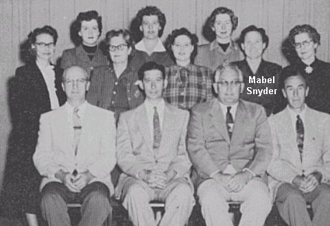 Photo of the Coldwater Grade School faculty from the Coldwater Eagle 1955 school yearbook, Comanche County, Kansas.

Back row, left to right: Miss Faucett, Mrs. Chase, Miss Davis.
 
Middle row: Mrs. Melia, Mrs. Heintz, Mrs. Steele, MISS SNYDER, Mrs. Gregg.

Front row: Mr. Luse, Mr. White, Mr. Stotts, Mr. McEnferter.

CLICK HERE to see the entire yearbook.