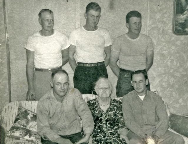 Artha Lee (Van Horn)  Surber nee Massey with her grandsons (and grandson in law) who were serving in WWII:


Back row: Nathan Massey, Mark McLain, Max McLain,
Front row: Richard Moss (Mim Massey's husband), Grandmother Artha Lee (Van Horn) Massey Surber, Joe Massey.

John Massey  (also serving in WWII)  is missing at time of picture.

Photo courtesy of Lee Massey Ives.