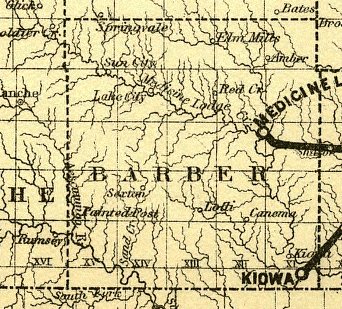 1886 map of Barber County, Kansas, shown are:  Amber, Canema, Elm Mills, Kiowa, Lake City,  Lodi, Medicine Lodge, Painted Post, Sexton and Sun City.