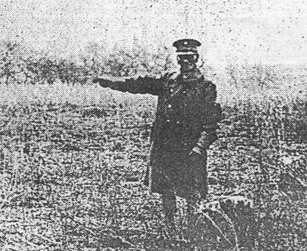 Sergeant I-See-O, Kiowa Indian Chief, is pointing out the circular row of stumps, all that remains of the grove of elm trees under whose shade the famous Medicine Lodge Indian Peace Council was held and the Treaty signed in October 1867.  Chief I-See-O was present at the council.