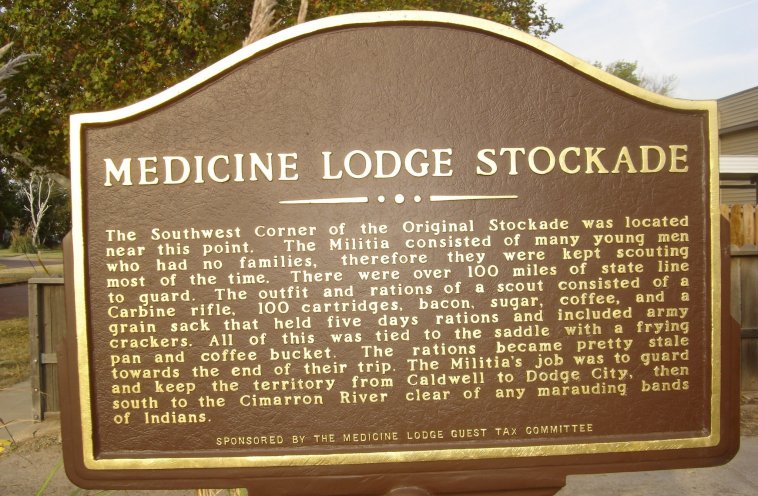 Medicine Lodge Stockade Commemorative Sign, Medicine Lodge, Barber County, Kansas.

Photo by Nathan Lee, October 2006.