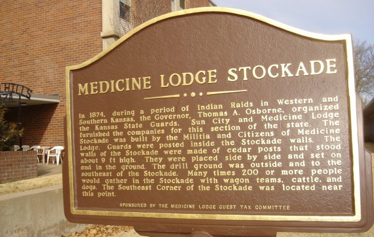 Medicine Lodge Stockade Commemorative Sign, Medicine Lodge, Barber County, Kansas.

Photo by Nathan Lee, December 2006.