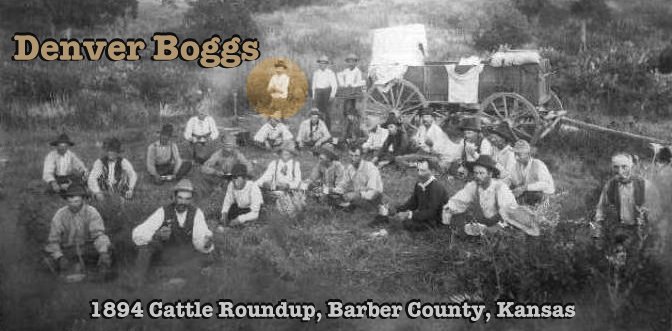 Roundup in Barber County, Kansas, 1894.

This photo was taken at Cottonwood Springs, about 7 miles southwest of Sun City, Barber County, Kansas.

Left to right, front row:  Harry Clements, Joe Gant, Roe Cole, George Abell, Bert Young, Walt Sears, Joe Burson, Jim Talliaferro, Jim Elsea.

Second row:  Charlie Kinkaid, round-up foreman; Jack Larkin, George Meadors, Arthur Shaw, Green Adams, Ed Teagle, Pearl Bunton, Jake Warrenstaff, Ed Hoagland, Tom Pepperd, Aub Donovan, Jack Ballanger, Bob Doles, Homer Hoagland. 

Back row:  Cook Denver Boggs, Frank Abell and Doc Williams. This photo was published in the Kansas Stockman in 1942 and 1949.

Photo courtesy of Mary Lou (Elsea) Hinz.