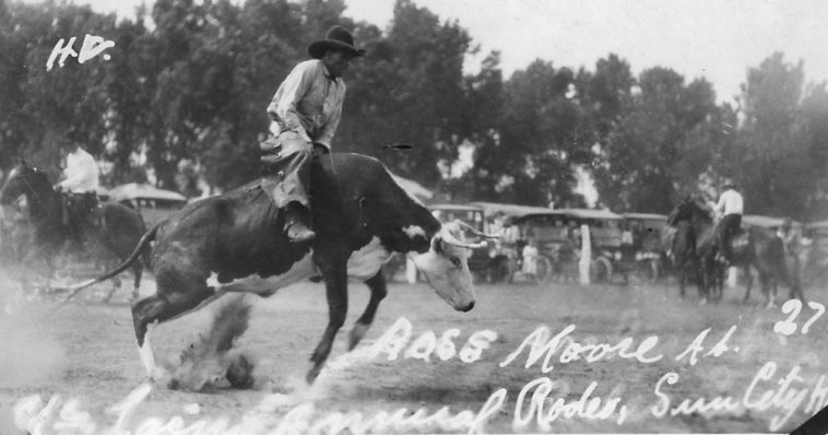 Ross Moore, Bull Rider, McLain Roundup, Sun City, Barber County, Kansas.   Photo by Homer Venters, courtesy of his great-nephew, Mike Venters. 