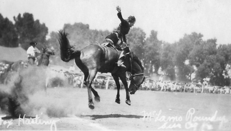 Fox Hastings, famous cowgirl, rides a bucking bronc, McLain Roundup, Sun City, Barber County, Kansas.   Photo by Homer Venters, courtesy of his great-nephew, Mike Venters. 