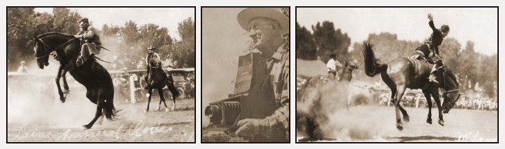 Homer Venters, Rodeo Photographer, is pictured at center with his photographs from McLain's Roundup rodeo at Sun City, Barber County, Kansas, at right and left.

CLICK HERE to see a gallery of rodeo photographs.

Photos courtesy of Mike Venters.