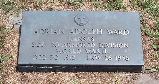 Gravestone for Adrian Adoph Ward,

Sunnyside Cemetery, Sun City, Barber County, Kansas.

Photo by Kim Fowles.