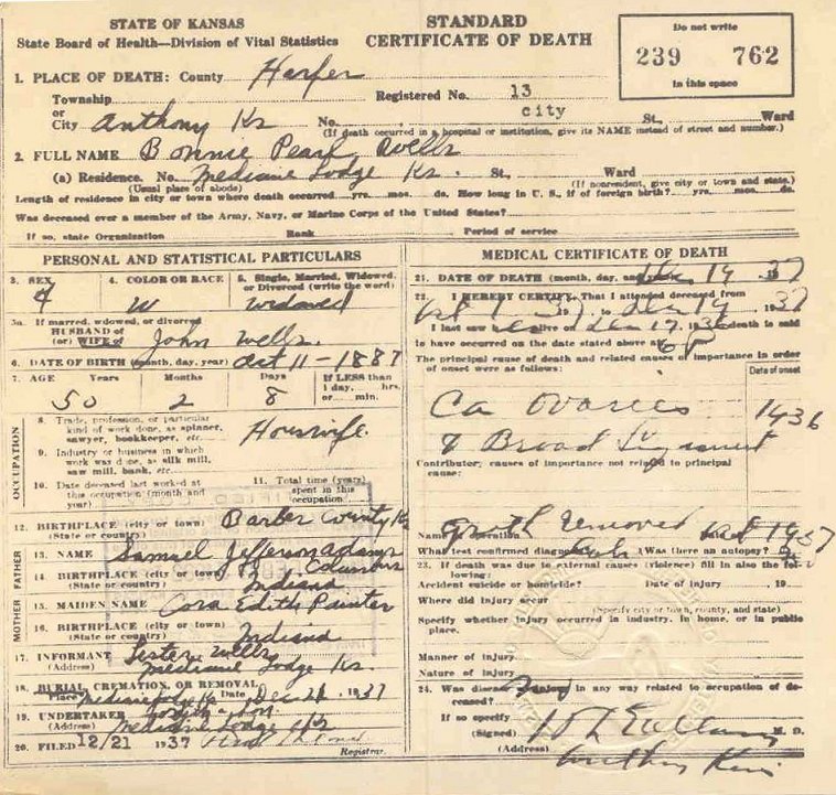 Death certificate for Bonnie Pearl Wells, courtesy of Kim Fowles.