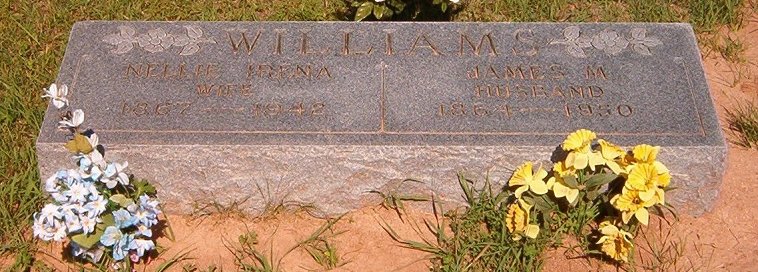 Gravestone for James Marion Williams and Nellie Irena Williams,

Lake City Cemetery, Barber County, Kansas.

Photo by Bobbi (Hackney) Huck.