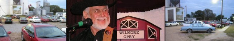 Center photo: Daryl Schiff, Wilmore Opry Chairman.  At left and right: Horseless carriages crowd the streets of Wilmore, Kansas, on Wilmore Opry evenings. Photos by David Rose.