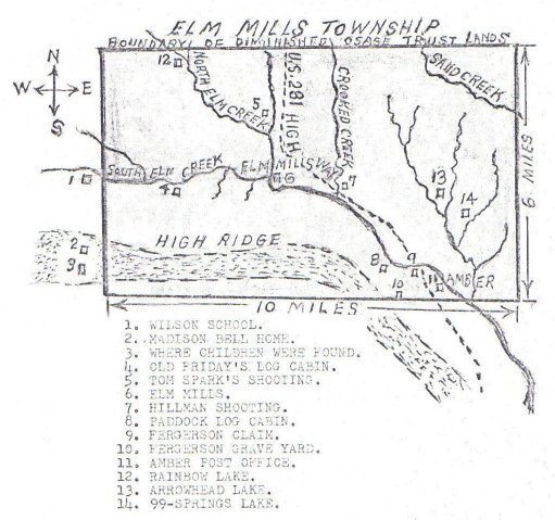 Map drawn by George Miller from his booklet, 'Some Elm Mills History Copied by George Miller from Barber County Historical Files of Library at Medicine Lodge'.

Courtesy of Kim Fowles.