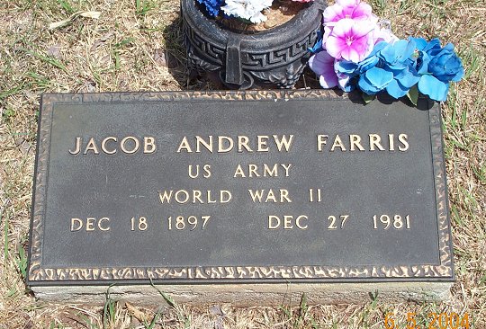 Gravestone for Jacob Andrew Farris,
Sunnyside Cemetery, Sun City, Barber County, Kansas.
Photo by Kim Fowles.