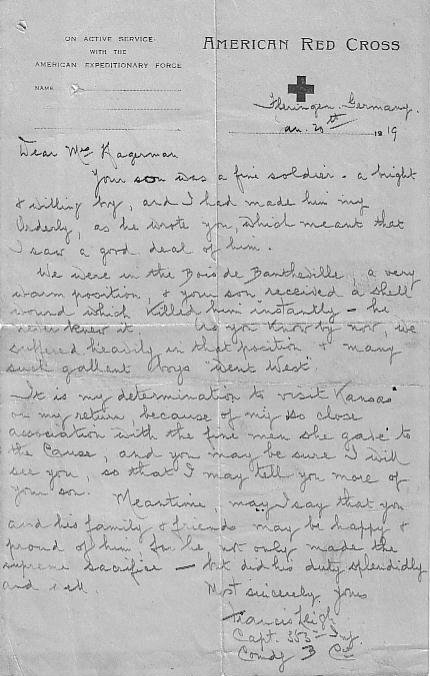 Letter from Chester Hagerman's Commanding Officer to his mother, Susie Hagerman, about Chester's death.

Letter courtesy of Jim Giles.
