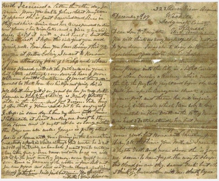 Letter from Rev. George Robinson in Wichita, Kansas, to his son and daughter-in-law, Mr & Mrs. James Douglas Robinson, in England, dated 2 December 1889, page 1 at right, page 4 at left.

Letter courtesy of Ernie Middleton. Transcription by Betty Hotchkiss.