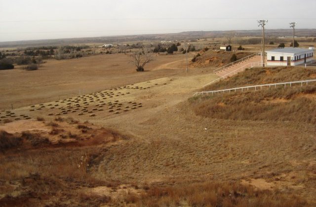 Medicine Lodge Peace Treaty Pageant Amphitheater near Medicine Lodge, Barber County,  Kansas.

Looking to the southwest with announcer's stand at top right.  Note bales of hay for seating from previous pageant.

Photo by Nathan Lee, 15 December 2006.