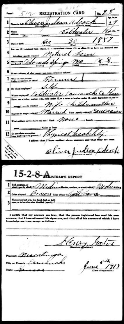 WWI Draft Registration card for Oliver Judson Adcock  of Coldwater , Comanche County, Kansas.