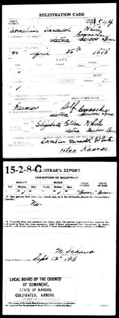 WWI Draft Registration card for Cornelius Vernosdol White, Comanche County, Kansas.