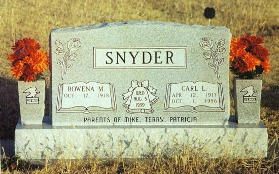 Grave marker for Carl L. and Rowena M. Snyder, Lot 49,  Wilmore Cemetery, Wilmore, Comanche County, Kansas. Photo by Bobbi (Hackney) Huck.