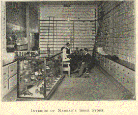 INTERIOR OF NADEAU'S SHOE STORE.