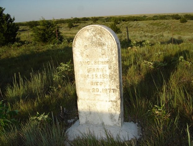 Gravestone of Rachel Bender,
The Bender-Chinn Cemetery,
Barber County, Kansas.

Photo by Nathan Lee, 31 July 2006.